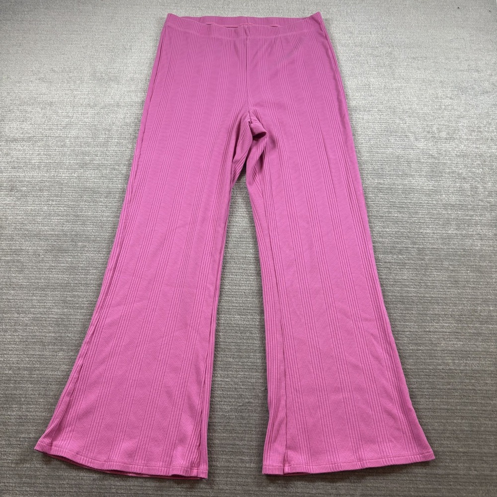 Aerie Ribbed Knit Flare Pants Women L Pink Pull On Stretch Casual Classic Lounge